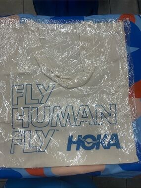 Hoka Natural Canvas Tote with Blue 'Fly Human Fly' Print bundle of two .NEW